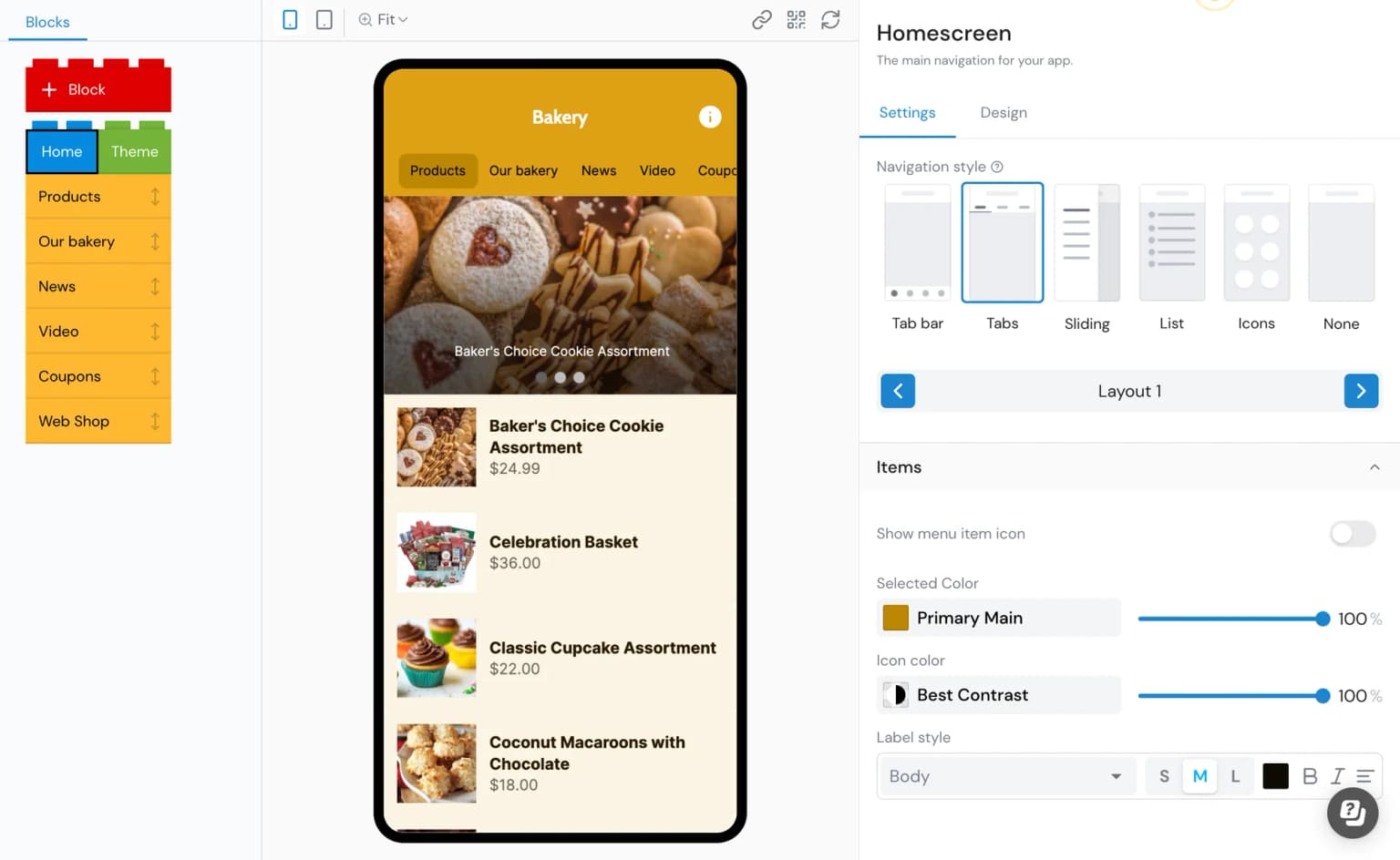Design your homescreen navigation colors and icons